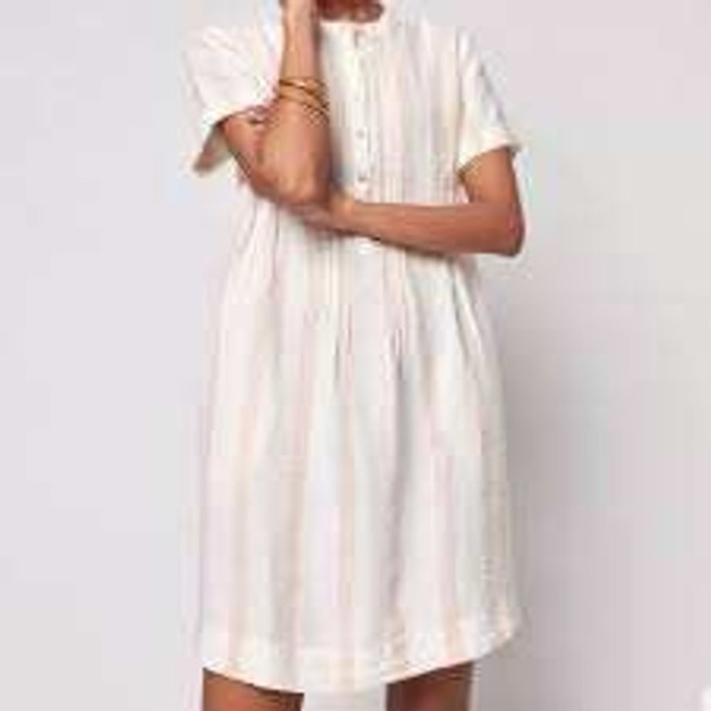 Faherty Gemina Pintuck Sleeved Dress 100% Linen Stripes S Pockets Gauze Flowy‎
